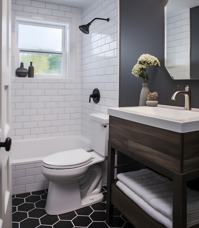 Salle de bain moderne avec baignoire, wc, meuble vasque et carrelage mural blanc