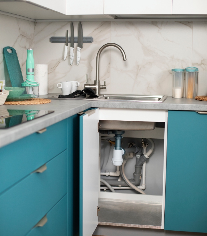 Meuble sous évier ouvert montrant les siphons et raccordements de plomberie de cuisine